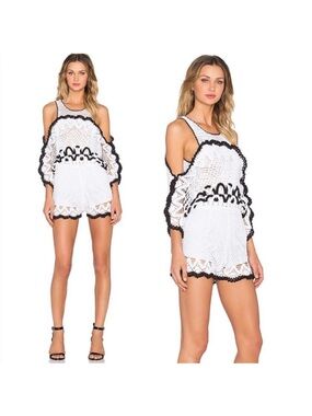 Alice McCall White Knit Crochet Romper with Navy Trim